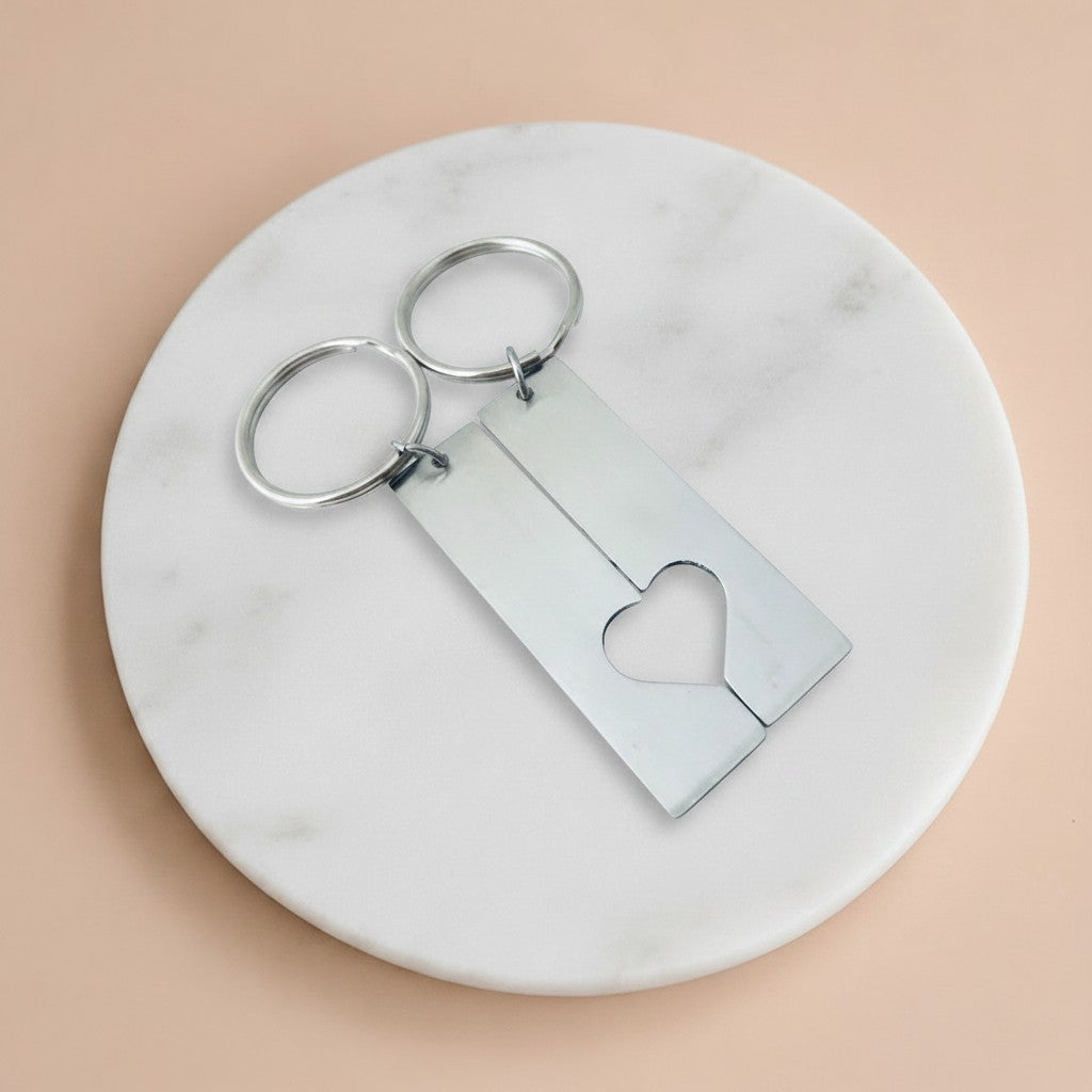 Personalized Stainless Steel Long Bar with Half Heart Keychain Set