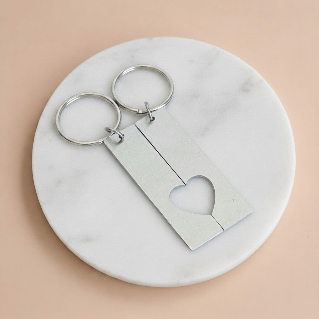 Personalized Stainless Steel Long Bar with Half Heart Keychain Set