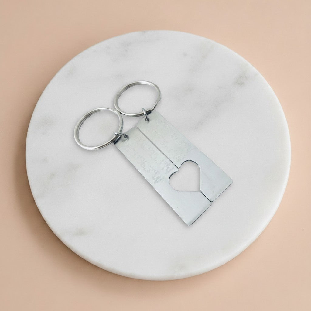 Personalized Stainless Steel Long Bar with Half Heart Keychain Set