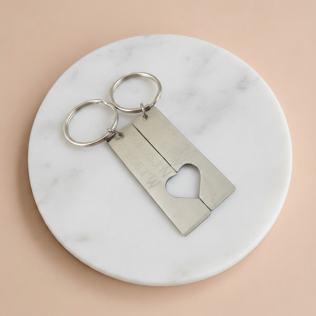 Personalized Stainless Steel Long Bar with Half Heart Keychain Set