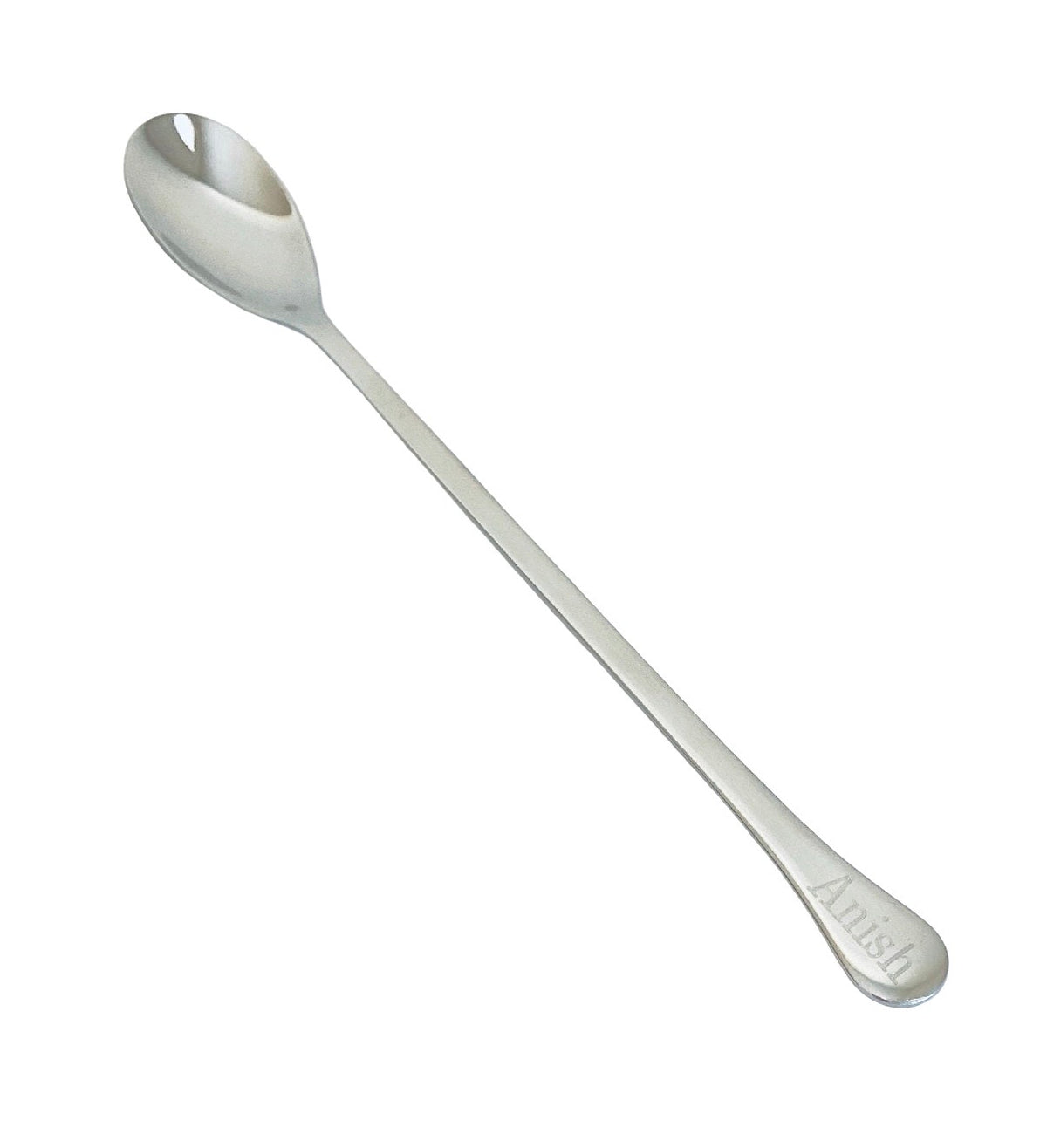 A stainless steel dessert spoon with a polished finish and the brand name 'Anish' engraved on the handle, shown diagonally on a plain white background.