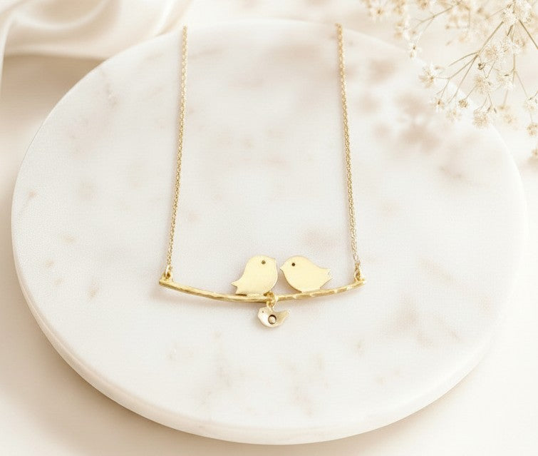 Personalized Mother Necklace • Love Birds with Baby Birds