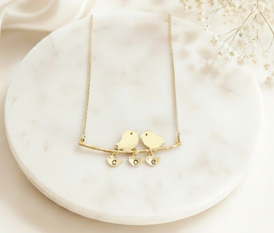 Personalized Mother Necklace • Love Birds with Baby Birds