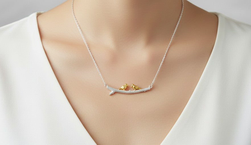 Sterling Silver Gold Birds Necklace