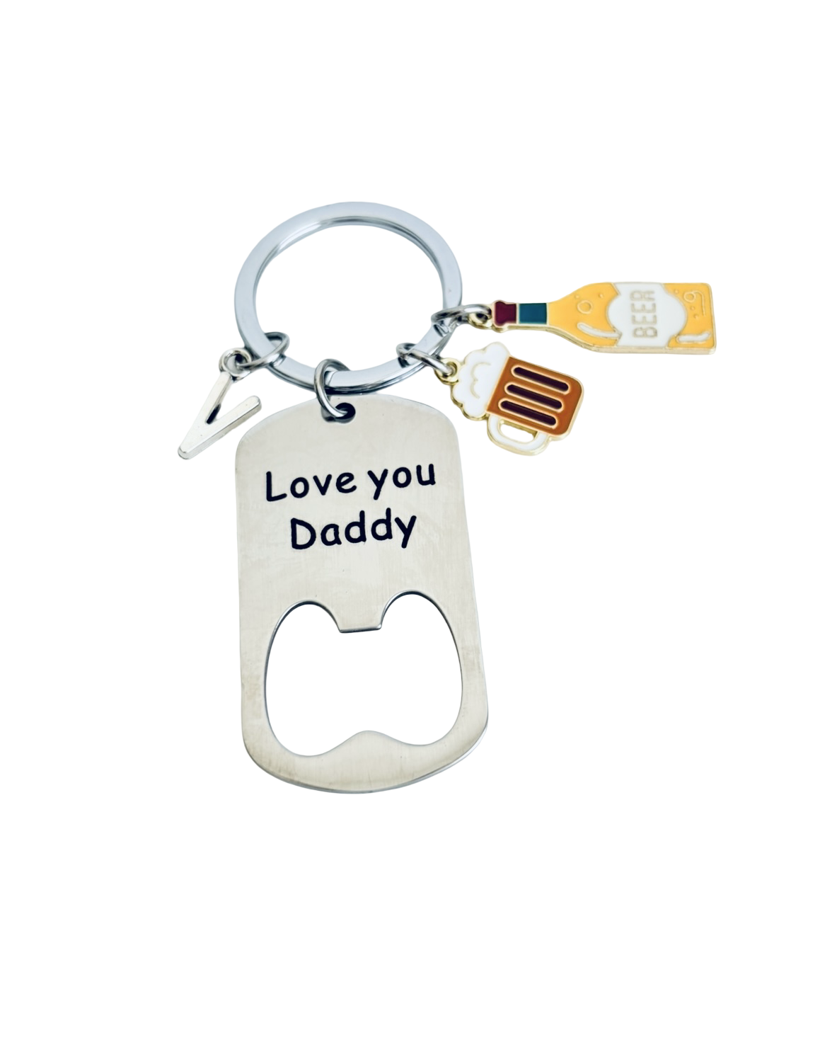 Keychain with bottle opener and 'Love you Daddy' tag on a white background