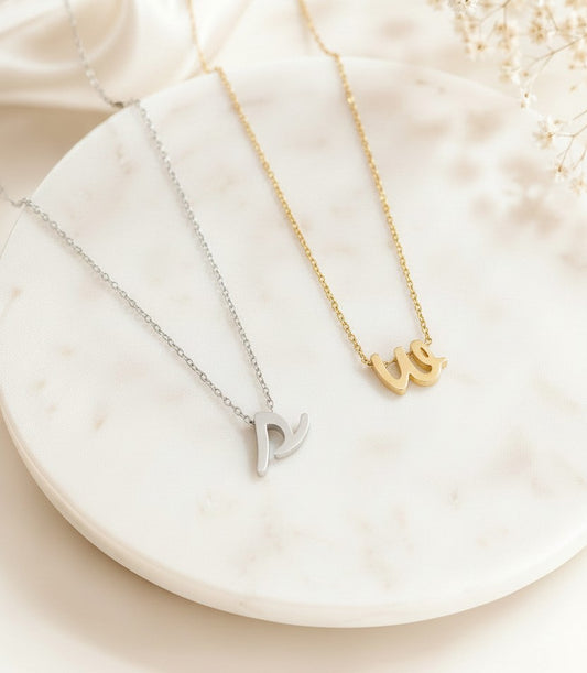 Personalized Lowercase Script Initial Necklace • Stainless Steel & Gold Over Stainless Steel