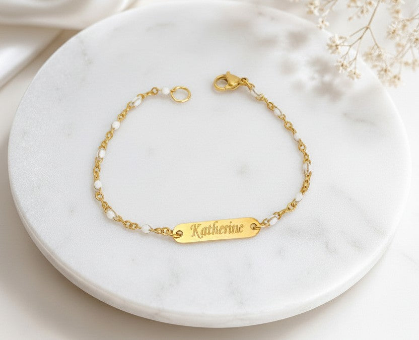 Personalized Mini Bar Bracelet with White Enamel Beaded Chain • Stainless Steel & Gold over Stainless Steel