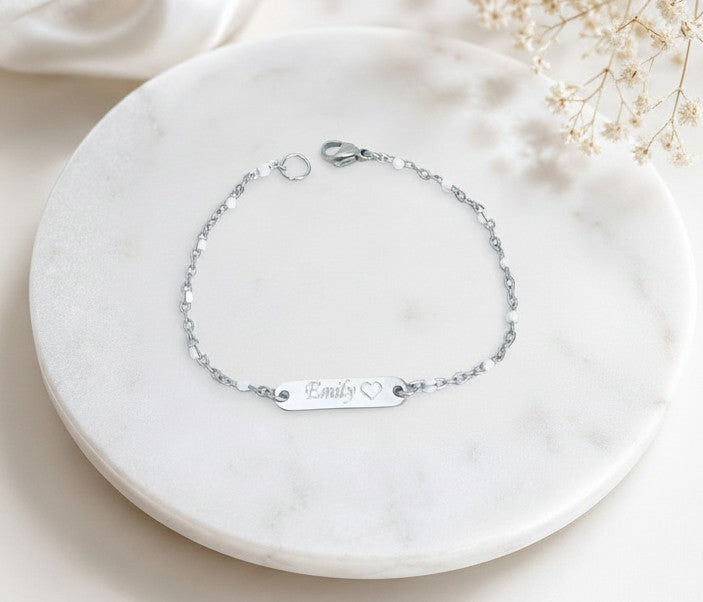 Personalized Mini Bar Bracelet with White Enamel Beaded Chain • Stainless Steel & Gold over Stainless Steel