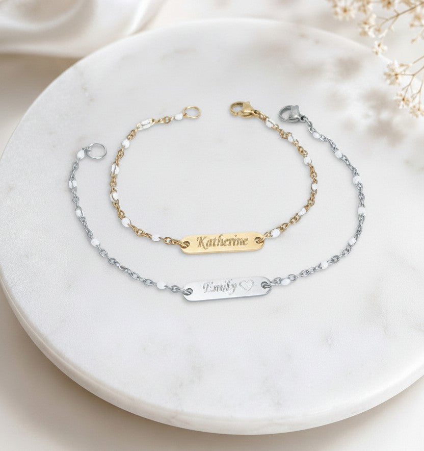 Personalized Mini Bar Bracelet with White Enamel Beaded Chain • Stainless Steel & Gold over Stainless Steel
