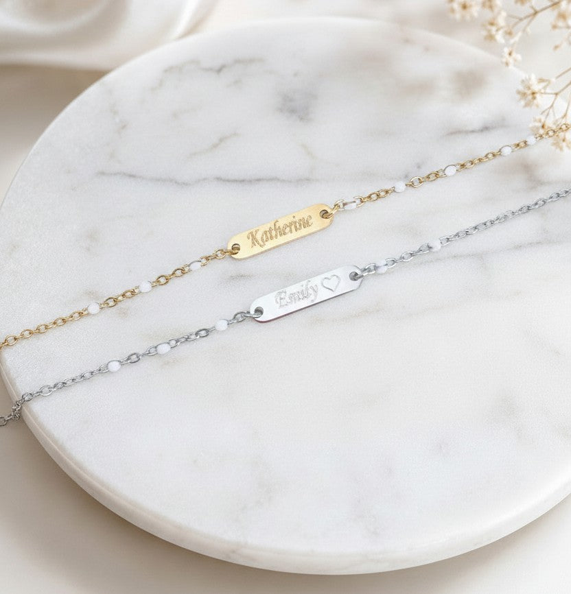Personalized Mini Bar Bracelet with White Enamel Beaded Chain • Stainless Steel & Gold over Stainless Steel