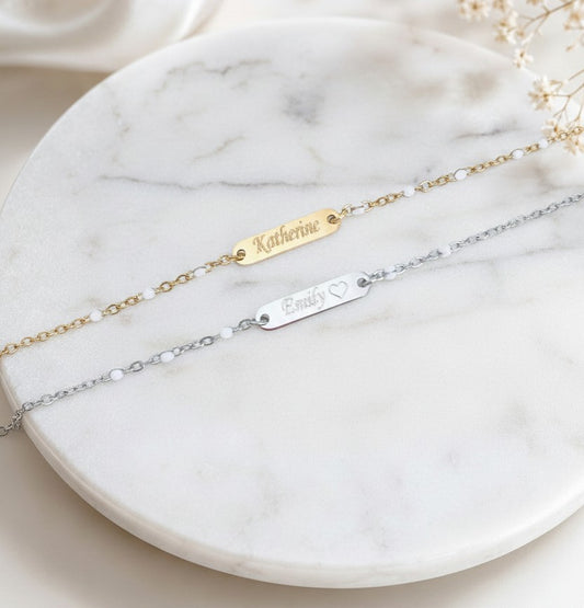 Personalized Mini Bar Bracelet with White Enamel Beaded Chain • Stainless Steel & Gold over Stainless Steel