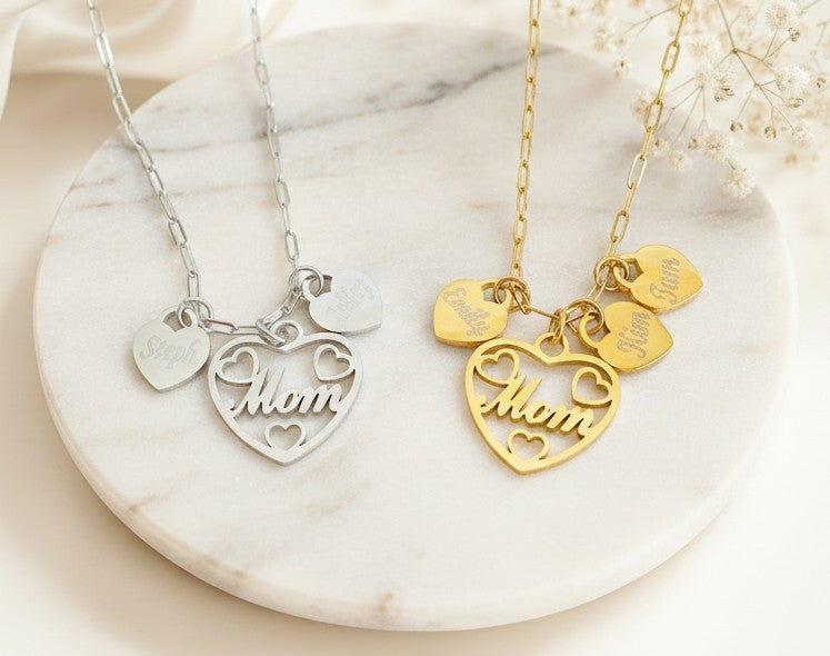 Personalized Mom Necklace with Heart Charms • Stainless Steel & Gold over Stainless Steel