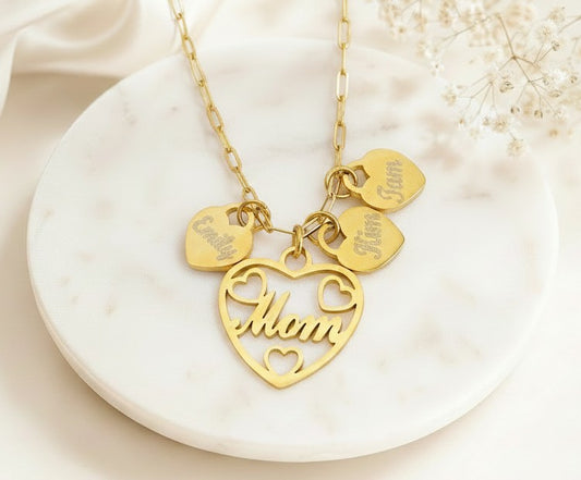 Personalized Mom Necklace with Heart Charms • Stainless Steel & Gold over Stainless Steel