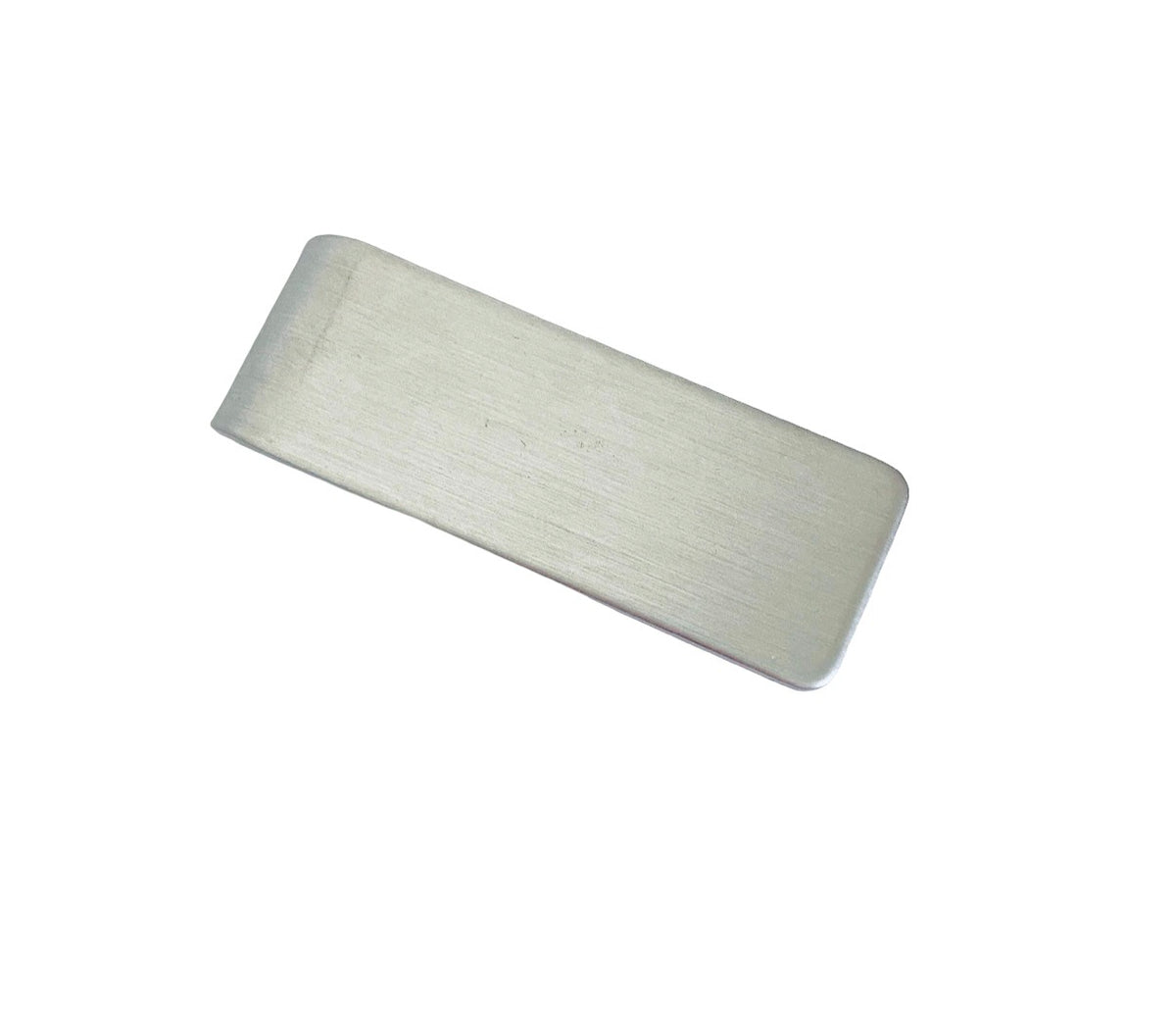A rectangular brushed metal money clip with rounded corners, shown on a plain white background.