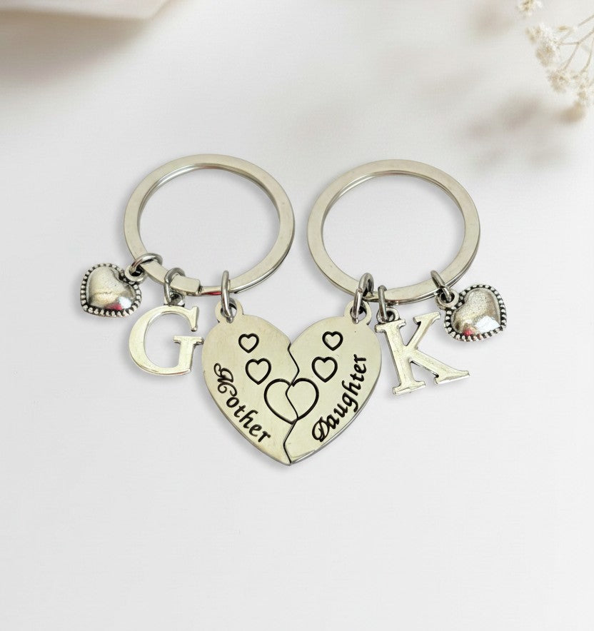 Personalized Mom & Daughter Heart Keychain Set