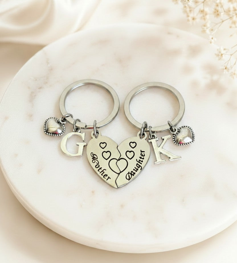 Personalized Mom & Daughter Heart Keychain Set