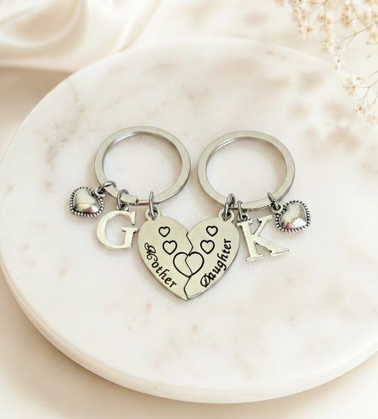 Personalized Mom & Daughter Heart Keychain Set