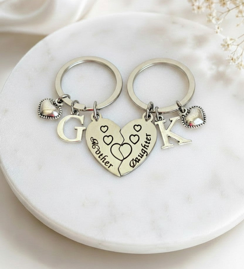 Personalized Mom & Daughter Heart Keychain Set