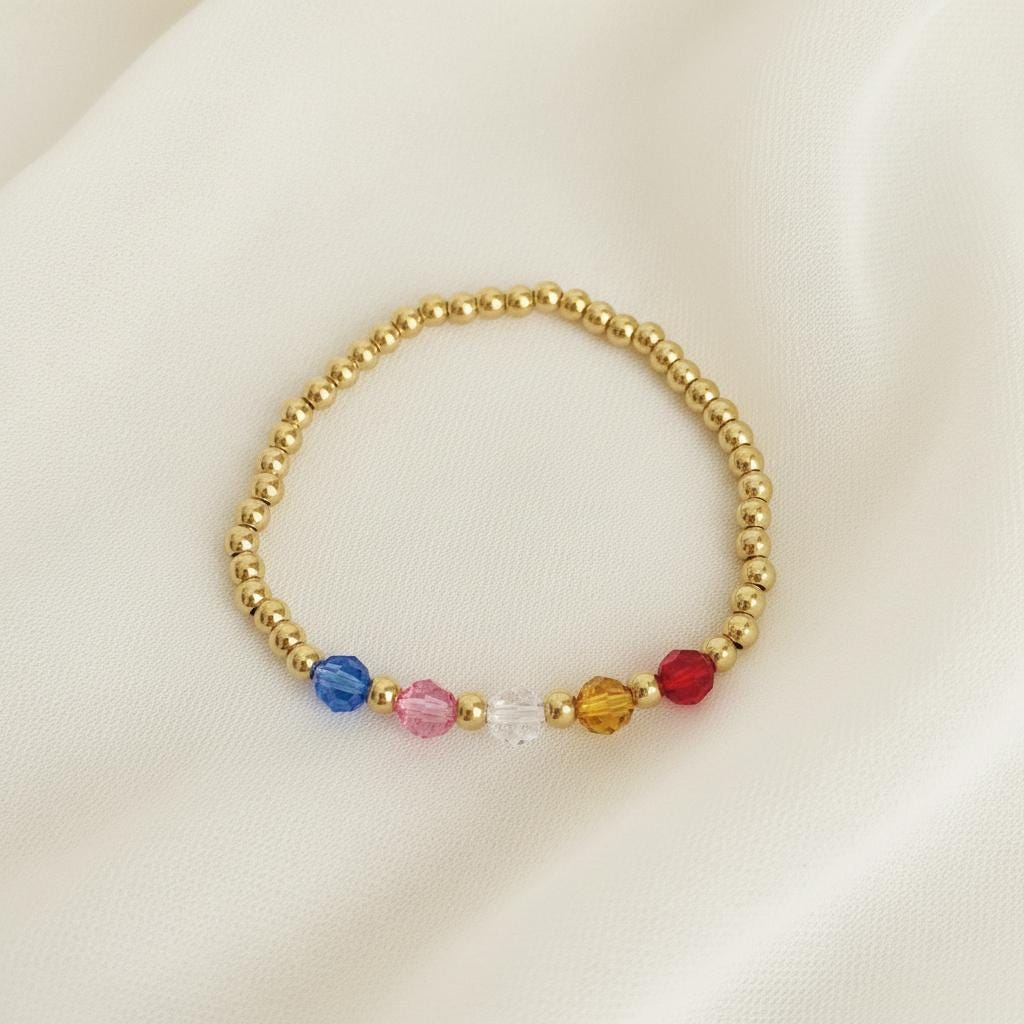 Stainless Steel Beaded Stretch Bracelet with Swarovski Crystal Birthstones