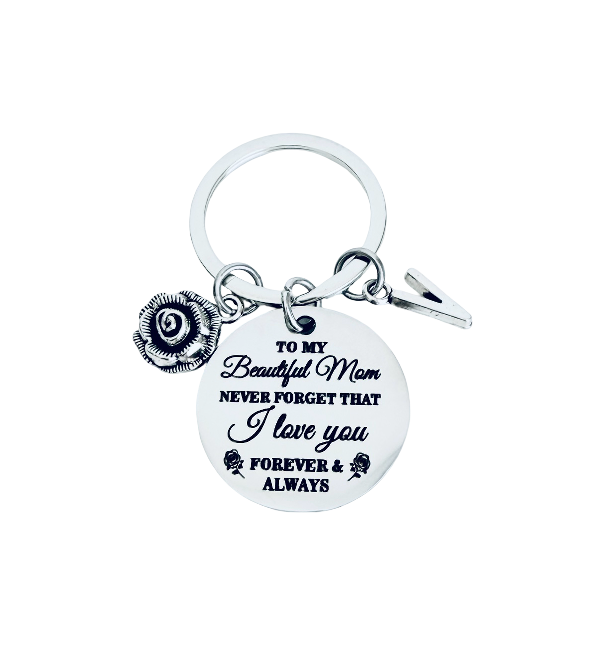 Keychain with engraved message and floral charm on a white background