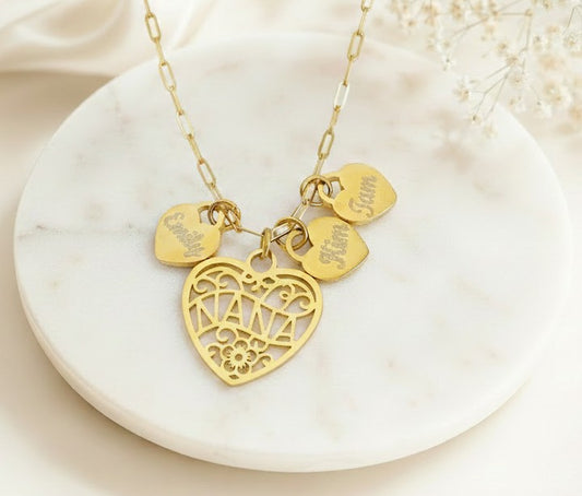 Personalized Nana Necklace with Heart Charms • Stainless Steel & Gold over Stainless Steel