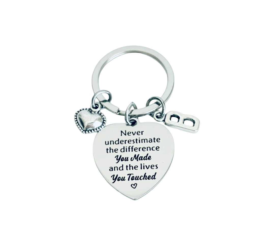 Silver keychain with heart-shaped tag and engraved message on a white background