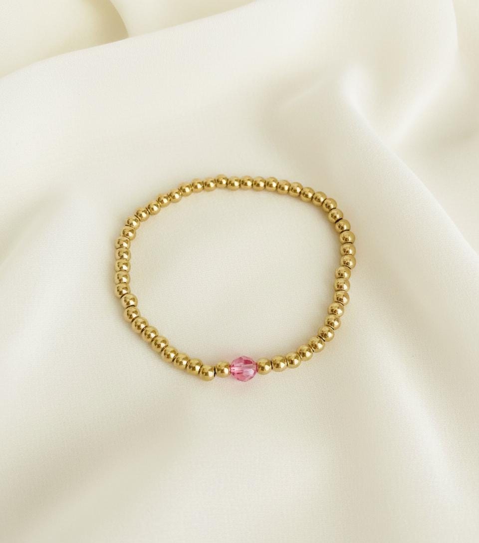 Stainless Steel Beaded Stretch Bracelet with Swarovski Crystal Birthstones