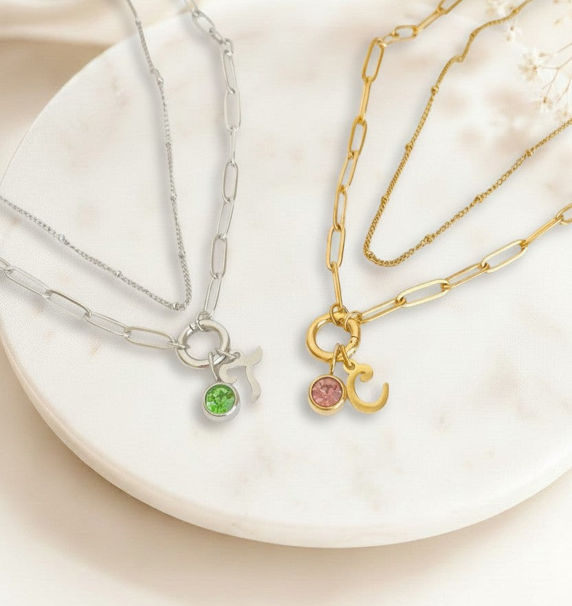 Personalized Mini Paperclip with Script Initial & Birthstone & Satellite Chain Necklace Set