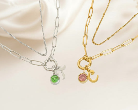 Personalized Mini Paperclip with Script Initial & Birthstone & Satellite Chain Necklace Set