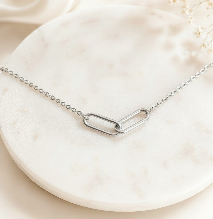 Minimalist Interlocking Paperclip Link Necklace • Stainless Steel & Gold over Stainless Steel