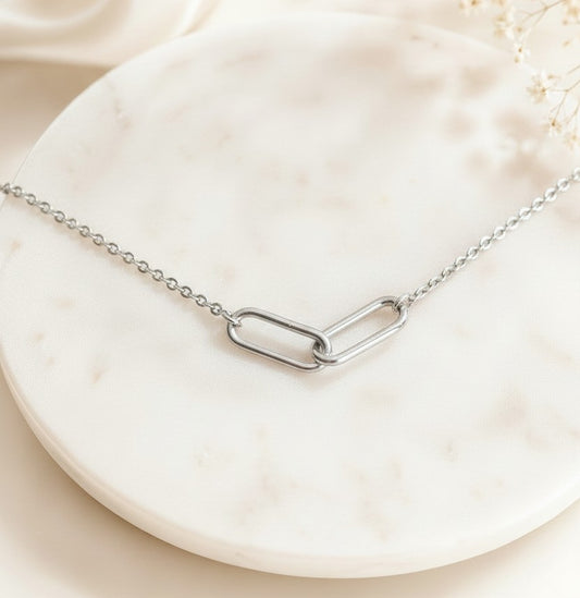 Minimalist Interlocking Paperclip Link Necklace • Stainless Steel & Gold over Stainless Steel