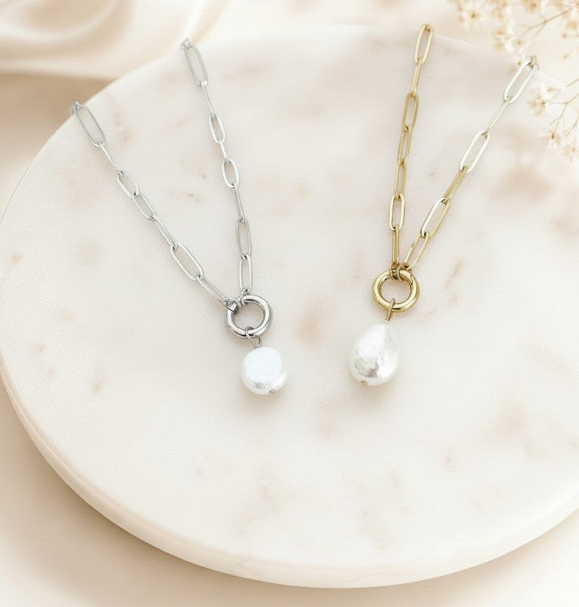 Large Paperclip Chain Necklace with Freshwater Teardrop Pearl • Stainless Steel & Gold over Stainless Steel