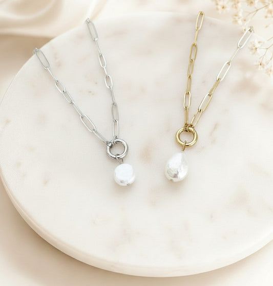 Large Paperclip Chain Necklace with Freshwater Teardrop Pearl • Stainless Steel & Gold over Stainless Steel