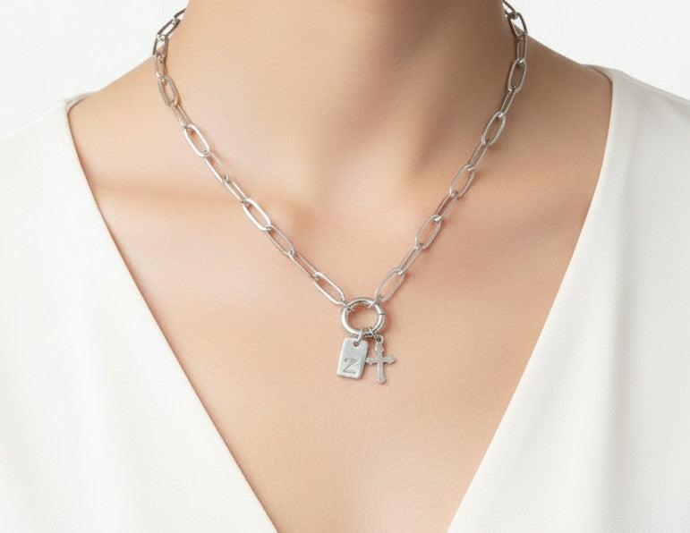 Personalized Paperclip Chain Necklace with Cross & Initial • Stainless Steel, Gold over Stainless Steel