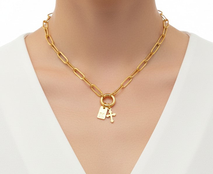 Personalized Paperclip Chain Necklace with Cross & Initial • Stainless Steel, Gold over Stainless Steel