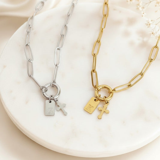 Personalized Paperclip Chain Necklace with Cross & Initial • Stainless Steel, Gold over Stainless Steel