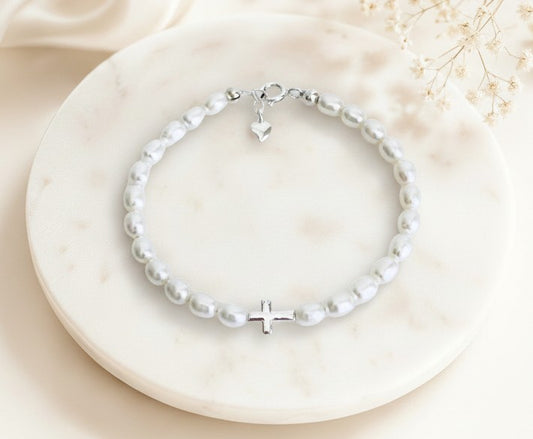 Sterling Silver Cross Bracelet with White Freshwater Pearls