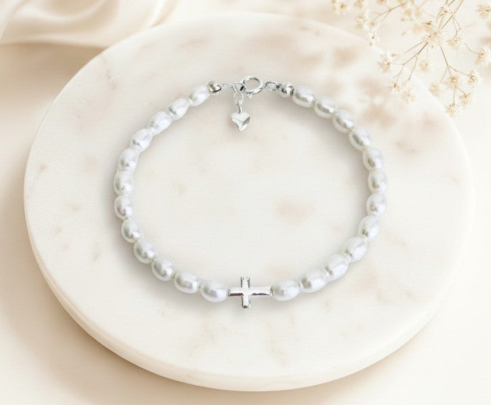 Sterling Silver Cross Bracelet with White Freshwater Pearls