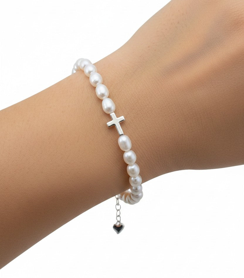 Sterling Silver Cross Bracelet with White Freshwater Pearls