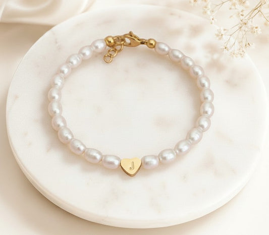 Personalized White Freshwater Pearl Bracelet • Stainless Steel & Gold over Stainless Steel