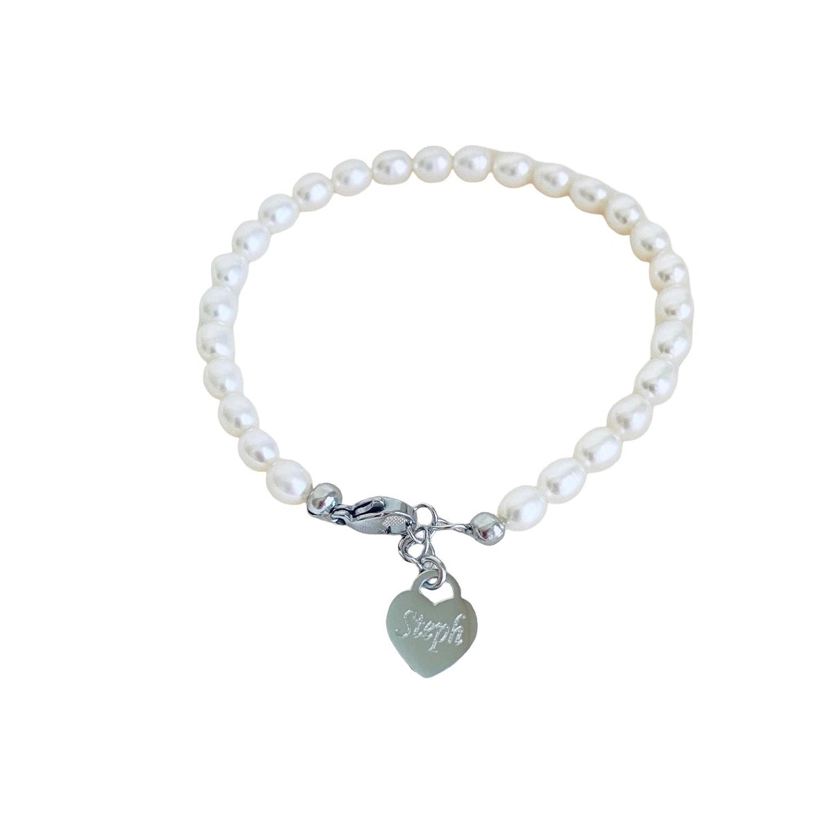 Personalized White Freshwater Pearl Bracelet with Heart Charm • Stainless Steel or Gold