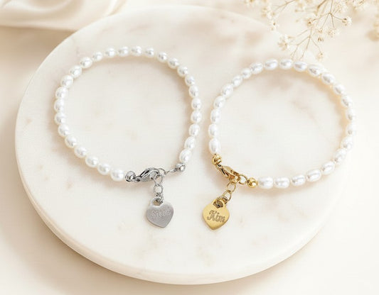 Personalized White Freshwater Pearl Bracelet with Heart Charm • Stainless Steel or Gold