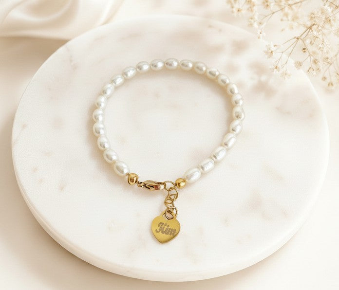 Personalized White Freshwater Pearl Bracelet with Heart Charm • Stainless Steel or Gold