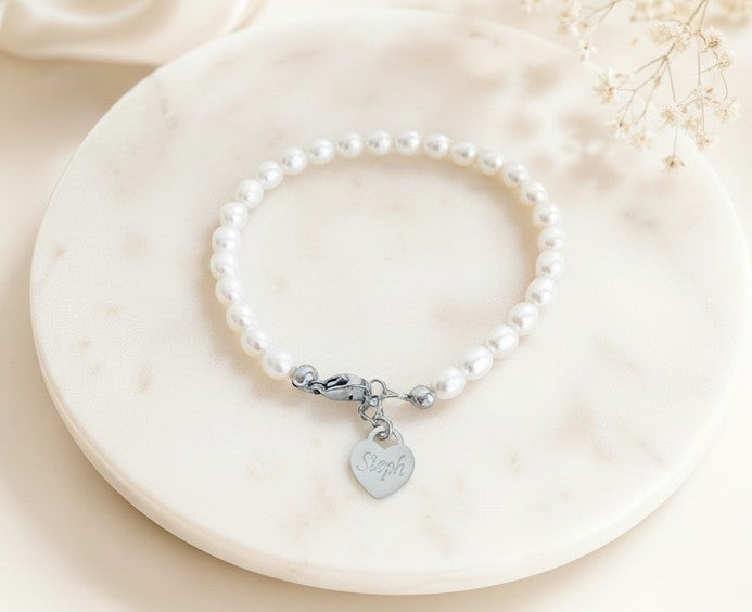 Personalized White Freshwater Pearl Bracelet with Heart Charm • Stainless Steel or Gold