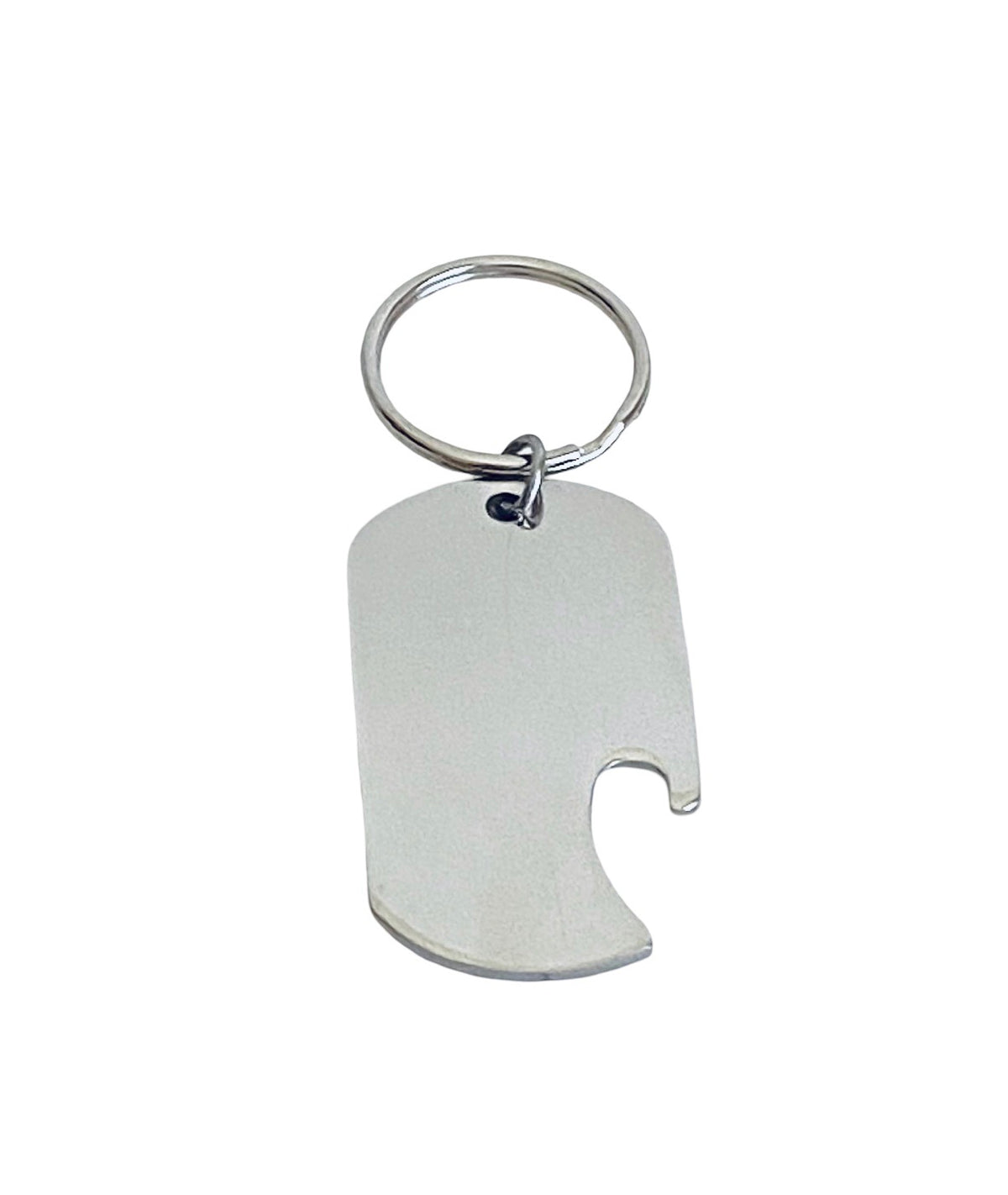 A silver stainless steel dog tag keychain with a built-in bottle opener cutout, attached to a split key ring, shown on a plain white background.