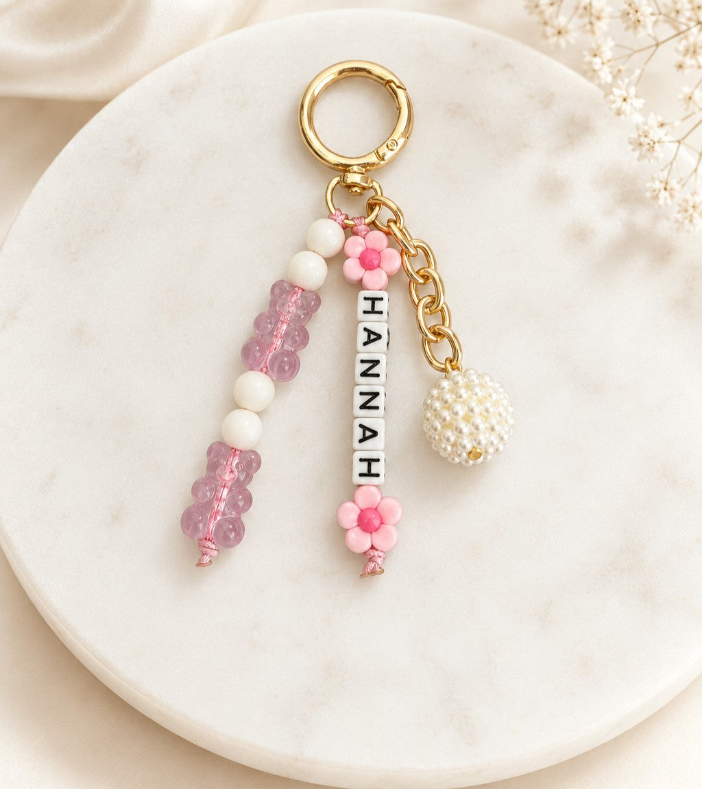 Personalized Beaded Bag Charm with Name, Acrylic Bear & Flower Beads • Custom Name Keychain