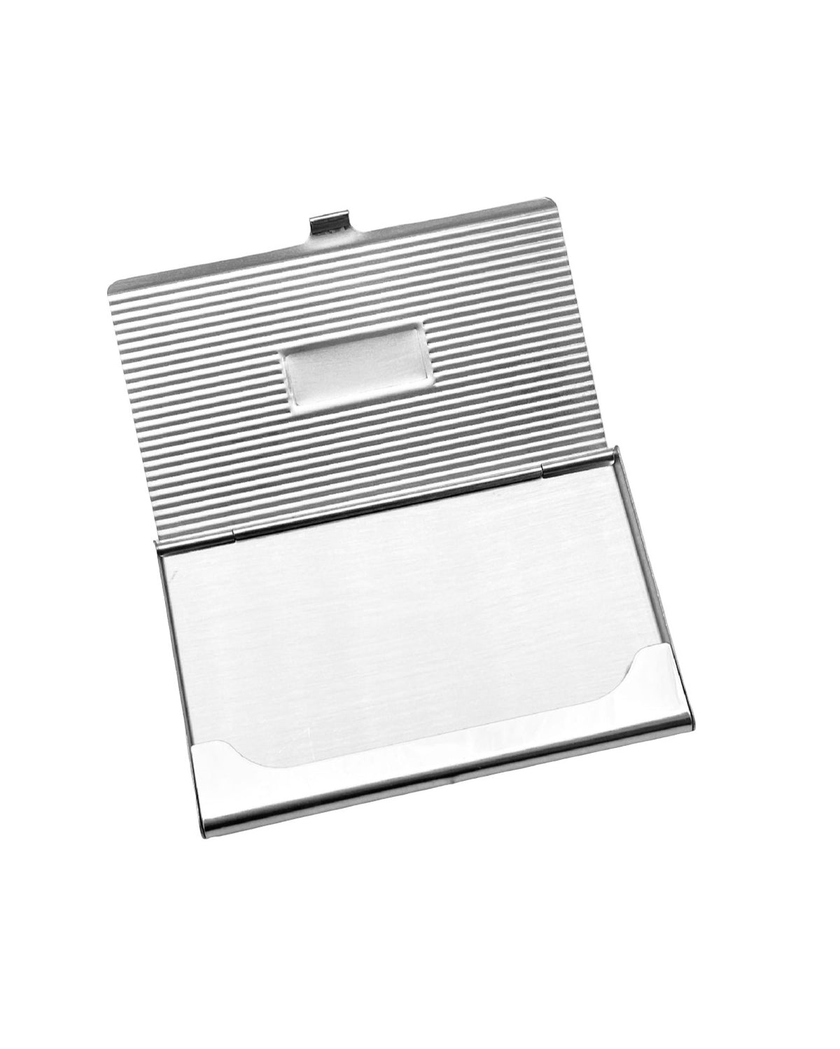 A silver metallic business card case, shown open to reveal a ribbed textured interior and a brushed metal exterior, isolated on a white background.