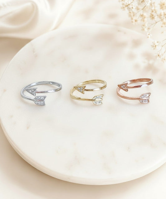 Adjustable Arrow Ring with Rhinestones • Sterling Silver • Gold • Rose Gold