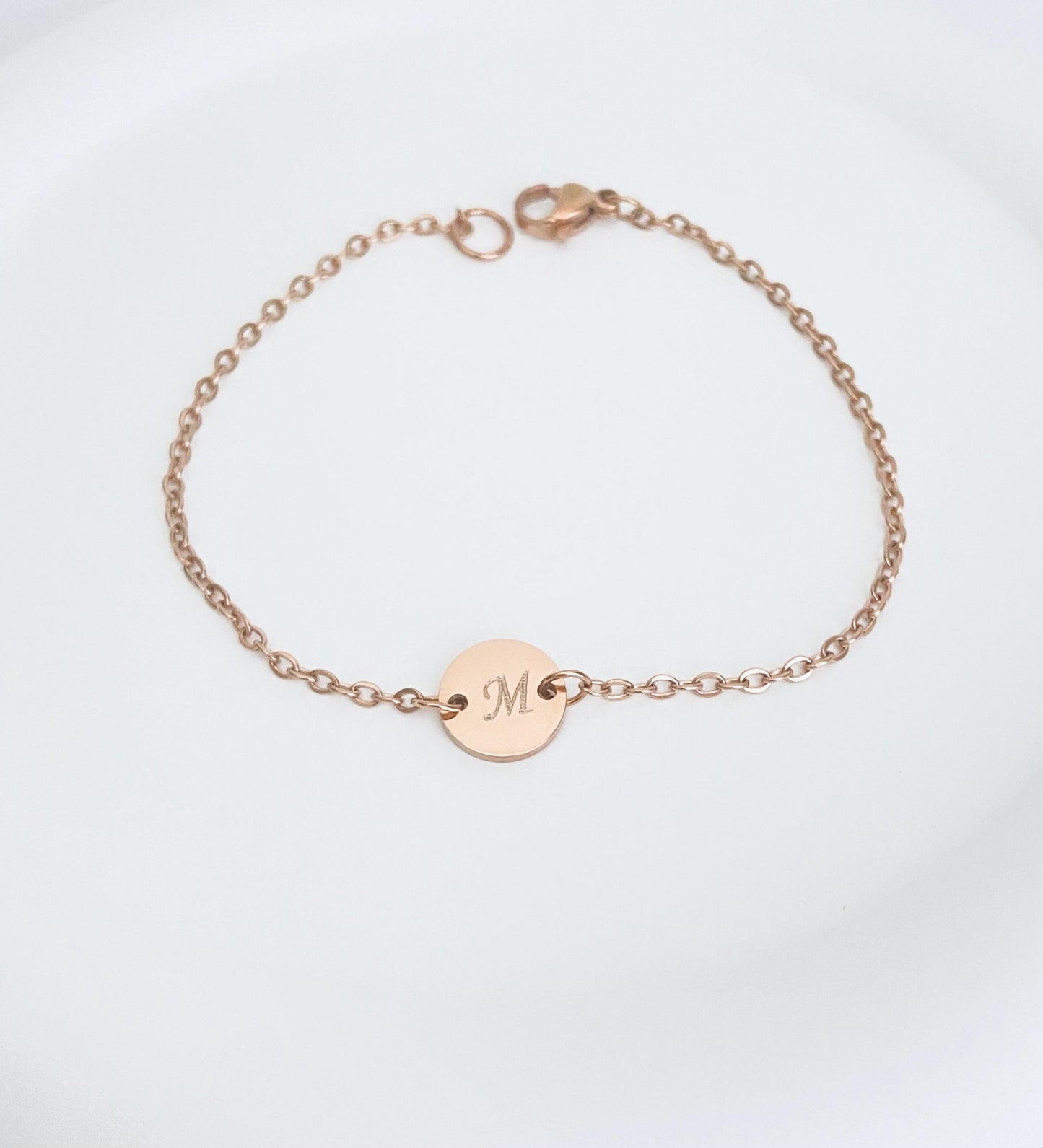 Personalized Stainless Steel Initial Bracelet. Engraved Round Charm Bracelet. Minimalist Layering Jewelry.