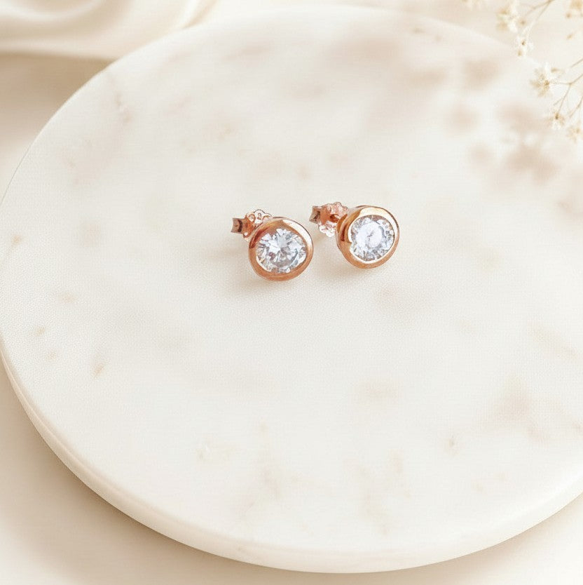 Solitaire Stud Earrings • Sterling Silver & Rose Gold over Sterling Silver